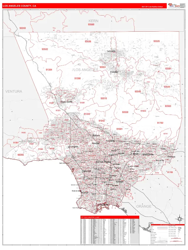 Los Angeles County, CA ZIP Code Wall Map, RedLine style