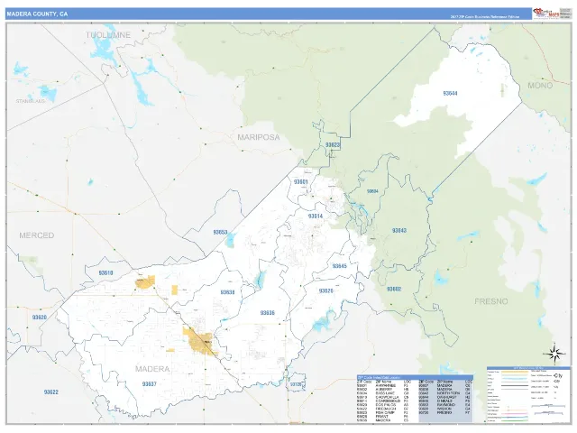 Madera County, CA ZIP Code Wall Map, Business Reference style