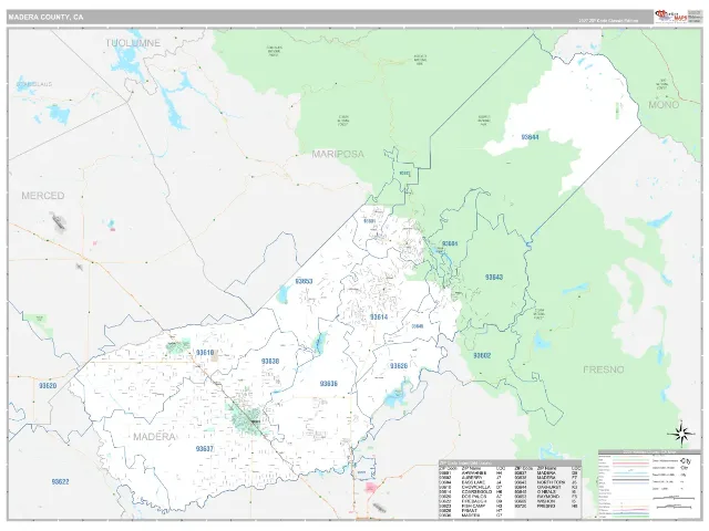 Madera County, CA ZIP Code Wall Map, Classic style