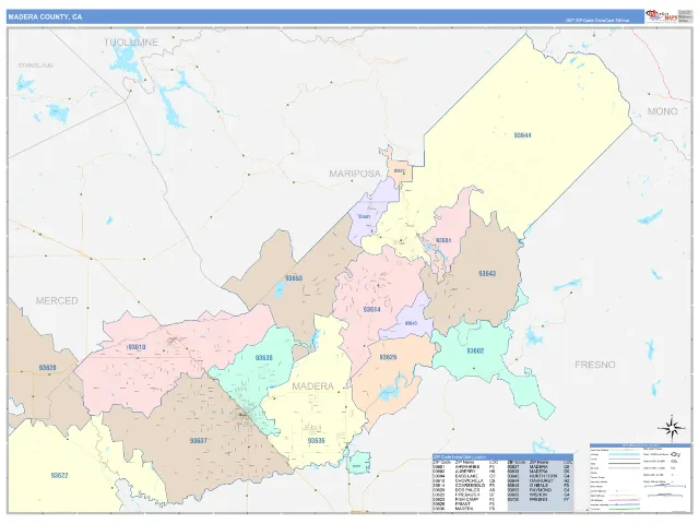 Madera County, CA ZIP Code Wall Map, ColorCast style