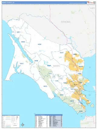 Marin County, CA Business Reference style ZIP Code wall map