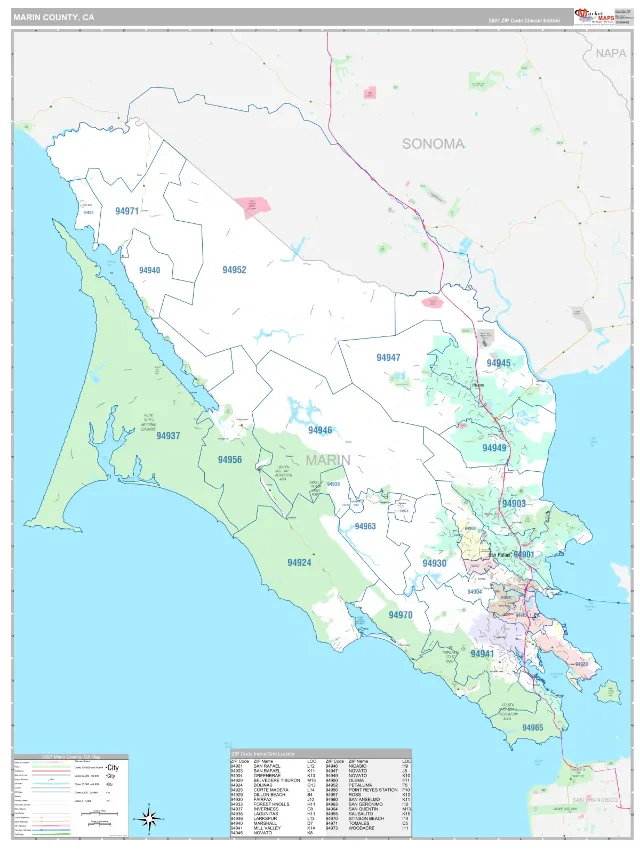 Marin County, CA ZIP Code Wall Map, Classic style