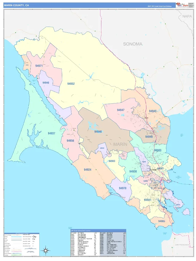 Marin County, CA ZIP Code Wall Map, ColorCast style