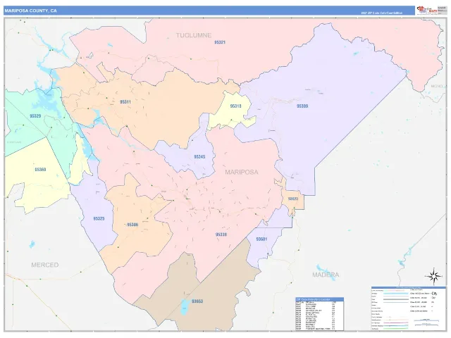Mariposa County, CA ZIP Code Wall Map, ColorCast style