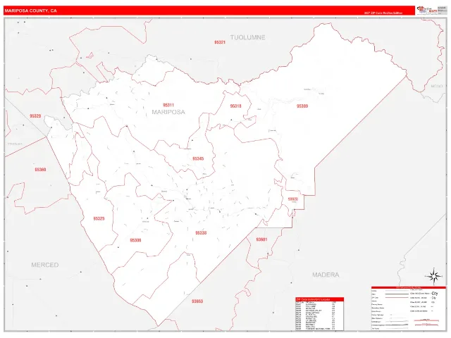 Mariposa County, CA ZIP Code Wall Map, RedLine style