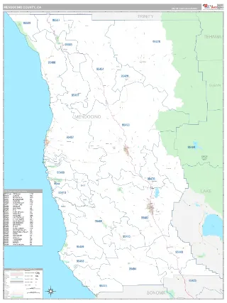 Mendocino County, CA Classic style ZIP Code wall map