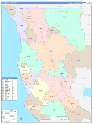 Mendocino County, CA ColorCast style ZIP Code wall map
