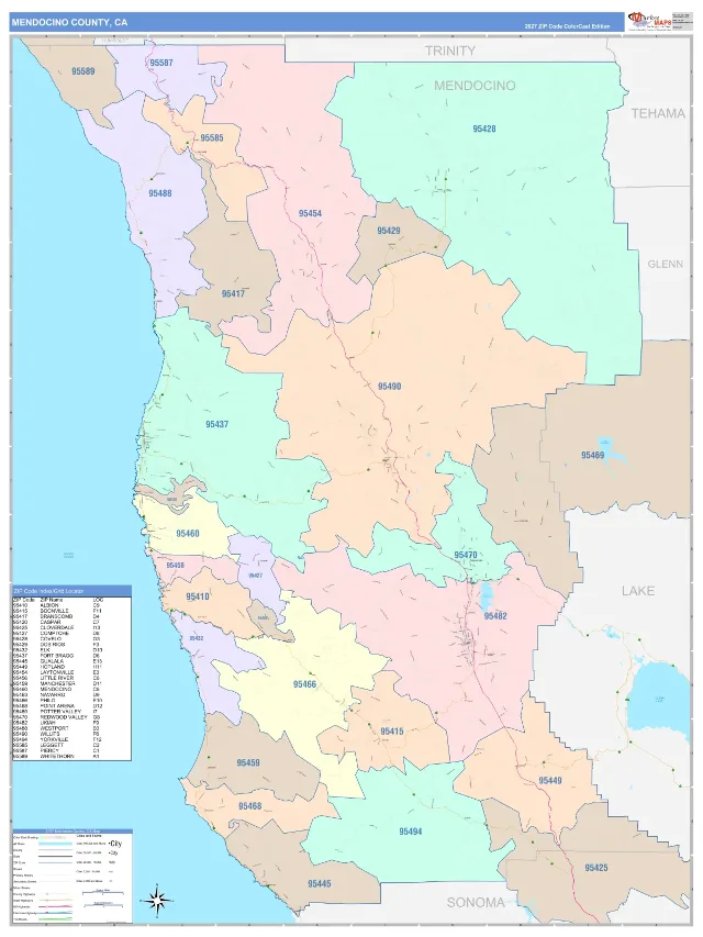 Mendocino County, CA ZIP Code Wall Map, ColorCast style