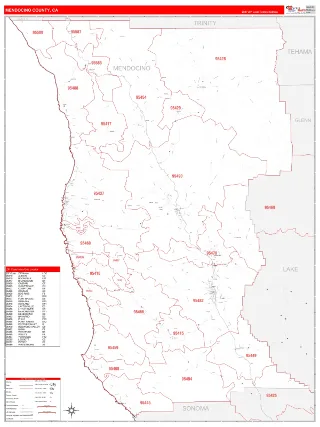 Mendocino County, CA RedLine style ZIP Code wall map