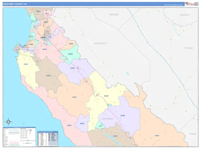 Monterey County, CA ZIP Code Wall Map, ColorCast style