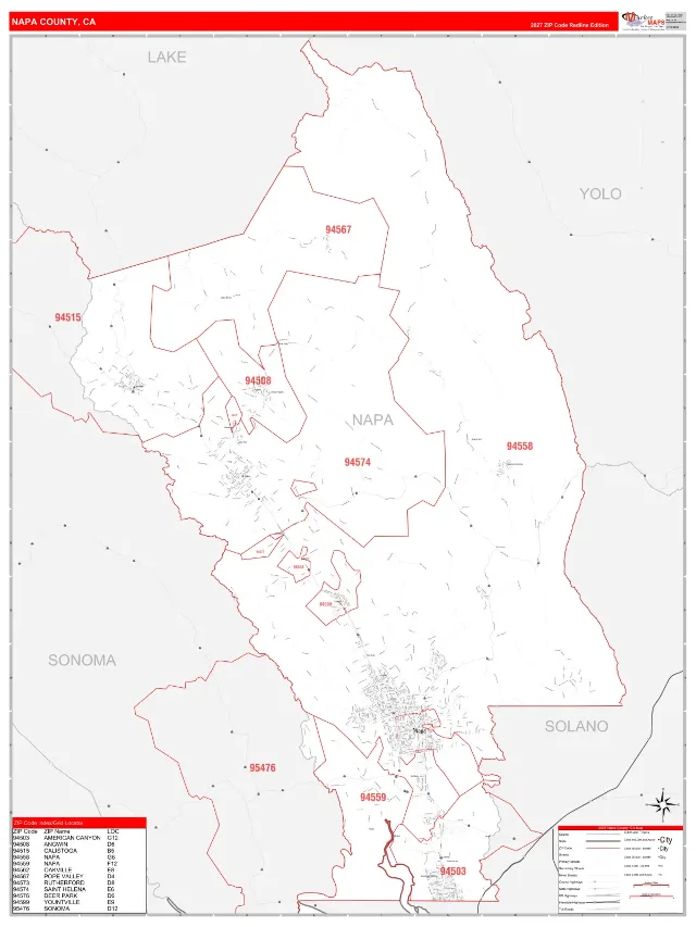 Napa County, CA ZIP Code Wall Map, RedLine style
