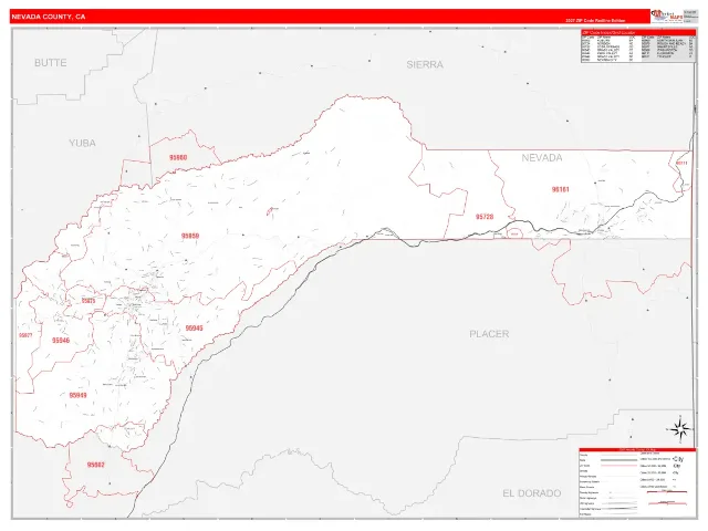 Nevada County, CA ZIP Code Wall Map, RedLine style