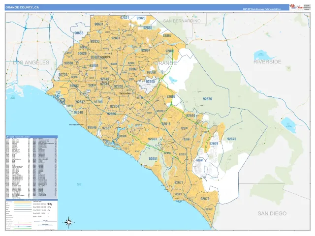 Orange County, CA ZIP Code Wall Map, Business Reference style