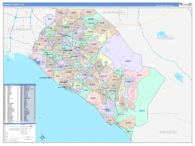 Orange County, CA ZIP Code Wall Map, ColorCast style