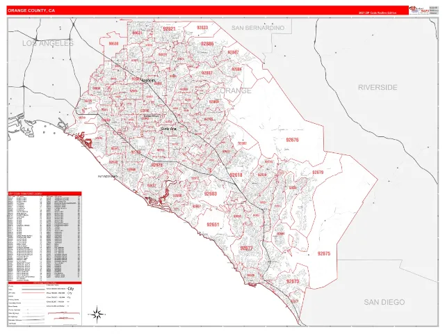 Orange County, CA ZIP Code Wall Map, RedLine style