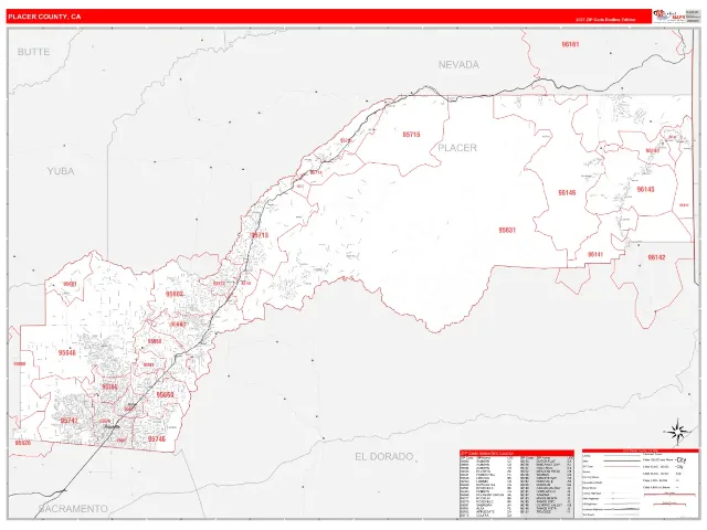 Placer County, CA ZIP Code Wall Map, RedLine style