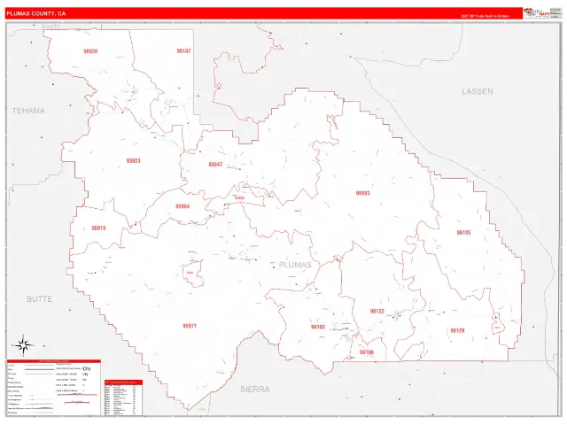 Plumas County, CA ZIP Code Wall Map, RedLine style