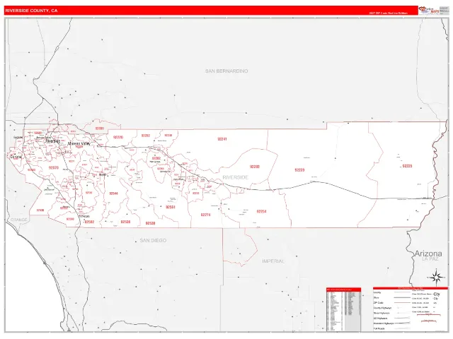 Riverside County, CA ZIP Code Wall Map, RedLine style
