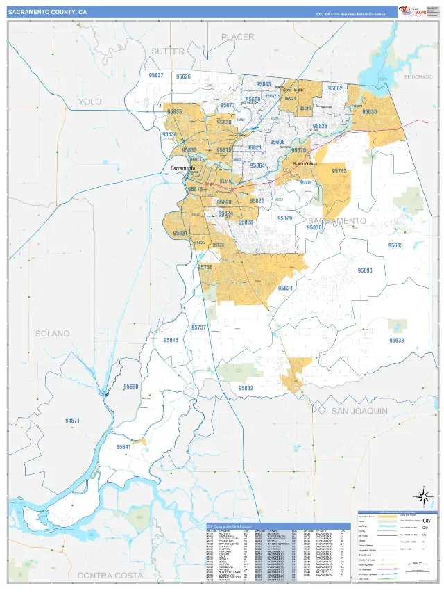 Sacramento County, CA ZIP Code Wall Map, Business Reference style