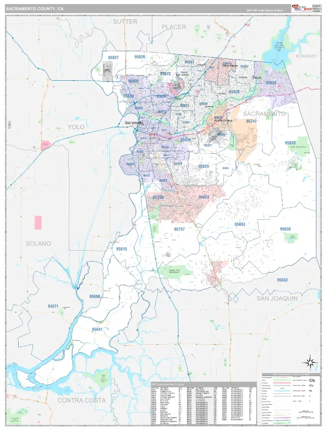 Sacramento County, CA ZIP Code Wall Map, Classic style
