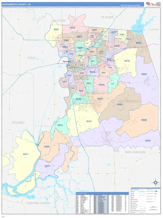 Sacramento County, CA ZIP Code Wall Map, ColorCast style