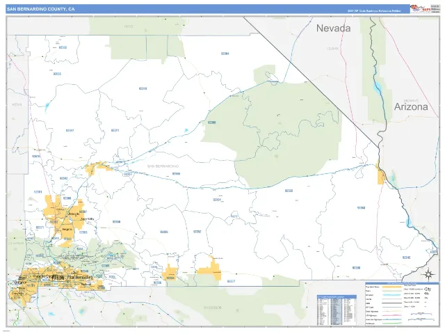 San Bernardino County, CA ZIP Code Wall Map, Business Reference style