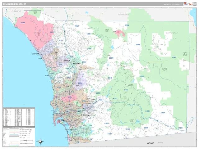 San Diego County, CA ZIP Code Wall Map, Classic style