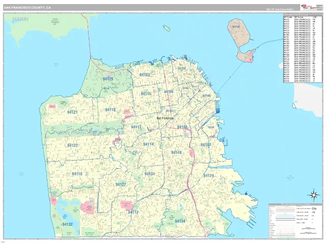 San Francisco County, CA ZIP Code Wall Map, Classic style