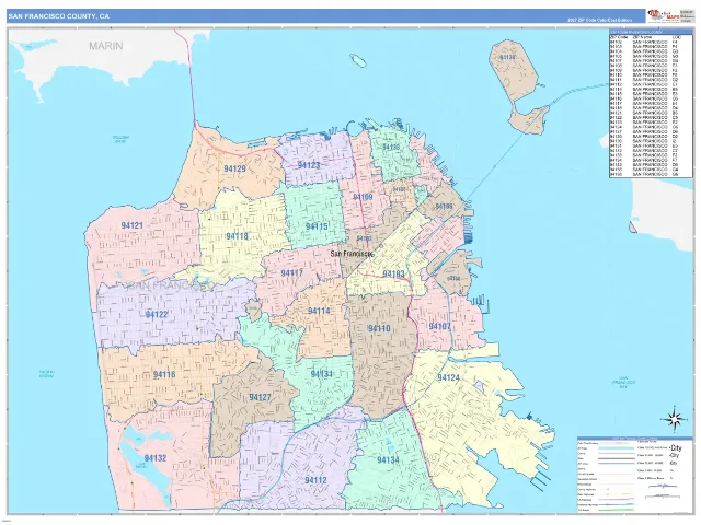 San Francisco County, CA ZIP Code Wall Map, ColorCast style