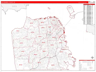 San Francisco County, CA RedLine style ZIP Code wall map