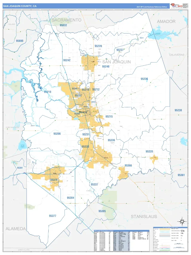 San Joaquin County, CA ZIP Code Wall Map, Business Reference style