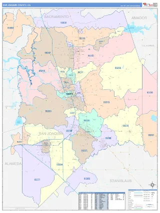San Joaquin County, CA ColorCast style ZIP Code wall map