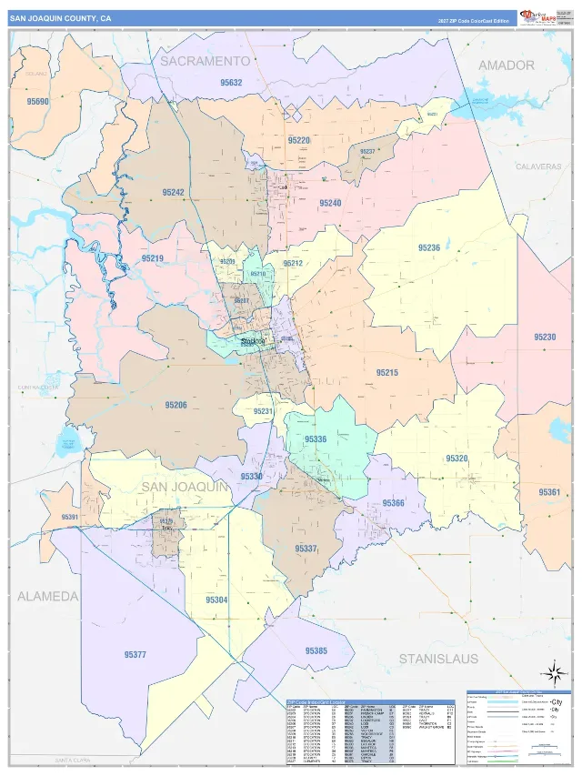 San Joaquin County, CA ZIP Code Wall Map, ColorCast style