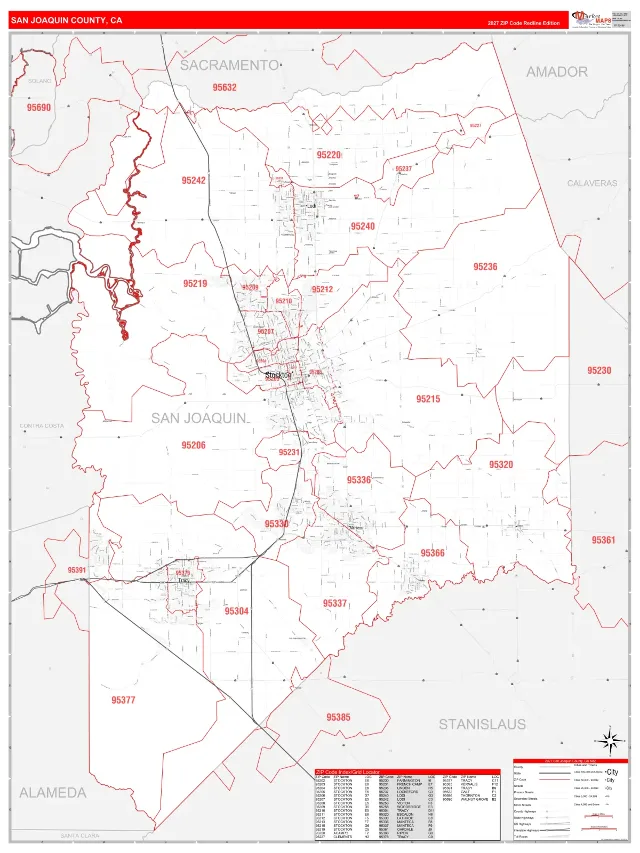 San Joaquin County, CA ZIP Code Wall Map, RedLine style