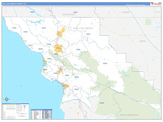 San Luis Obispo County, CA ZIP Code Wall Map, Business Reference style