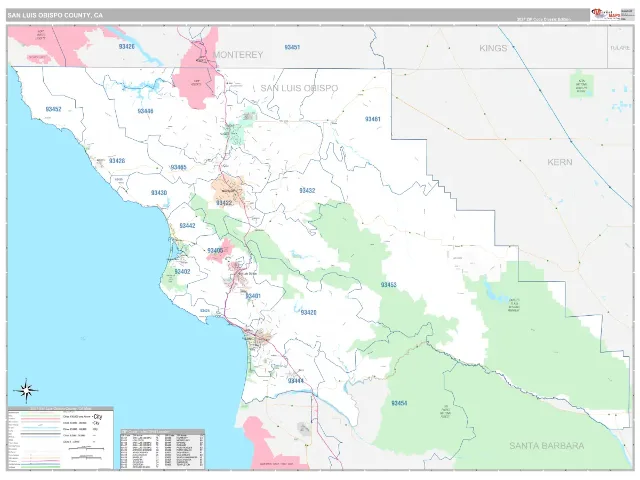San Luis Obispo County, CA ZIP Code Wall Map, Classic style