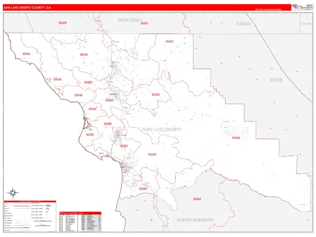 San Luis Obispo County, CA ZIP Code Wall Map, RedLine style