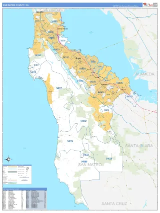 San Mateo County, CA Business Reference style ZIP Code wall map