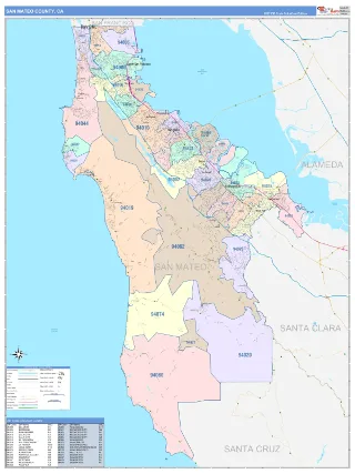 San Mateo County, CA ColorCast style ZIP Code wall map