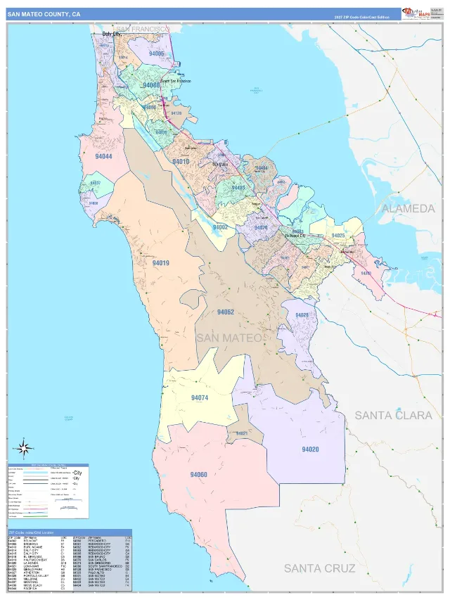 San Mateo County, CA ZIP Code Wall Map, ColorCast style