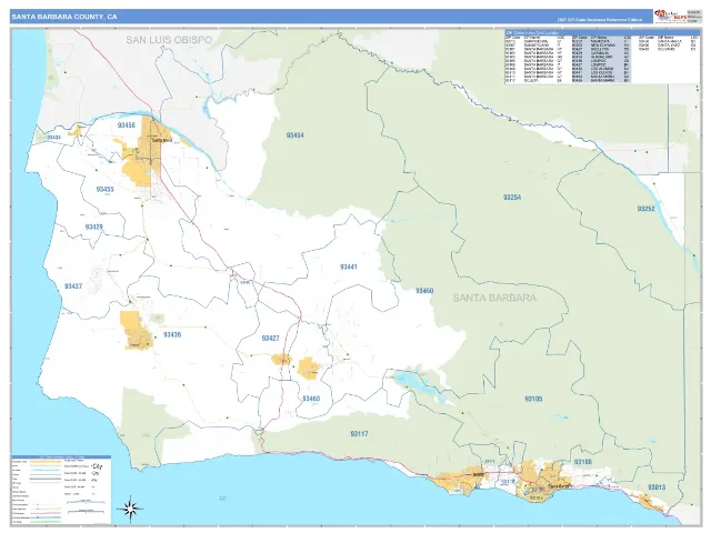 Santa Barbara County, CA ZIP Code Wall Map, Business Reference style