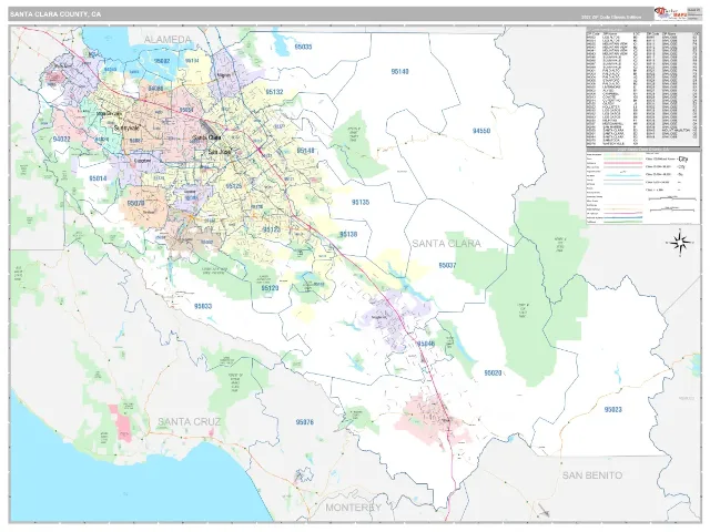 Santa Clara County, CA ZIP Code Wall Map, Classic style