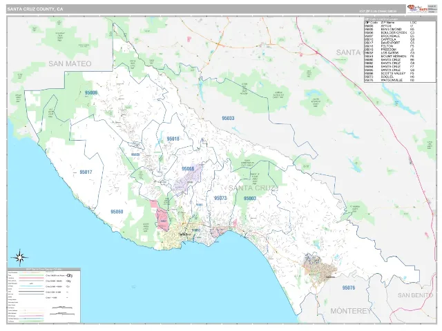 Santa Cruz County, CA ZIP Code Wall Map, Classic style