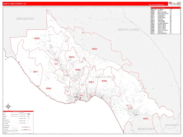 Santa Cruz County, CA ZIP Code Wall Map, RedLine style