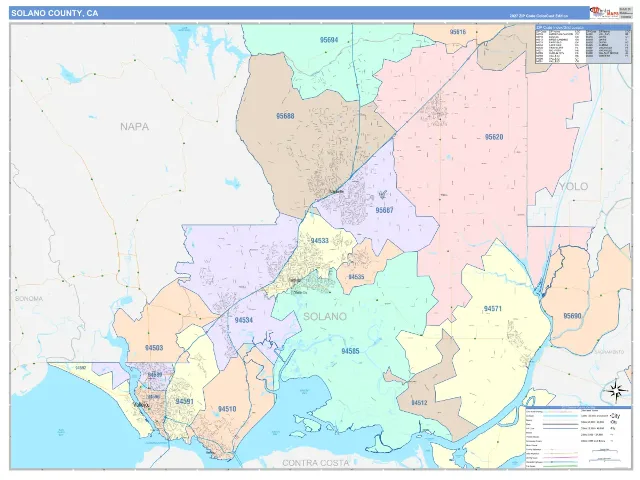 Solano County, CA ZIP Code Wall Map, ColorCast style