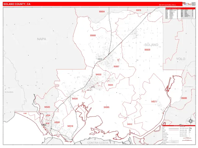 Solano County, CA ZIP Code Wall Map, RedLine style