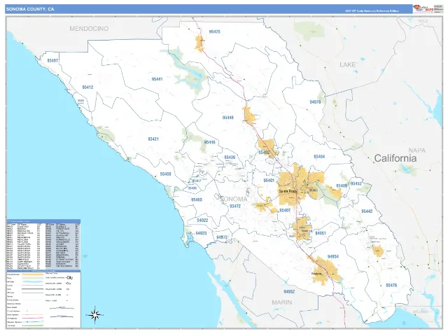 Sonoma County, CA ZIP Code Wall Map, Business Reference style