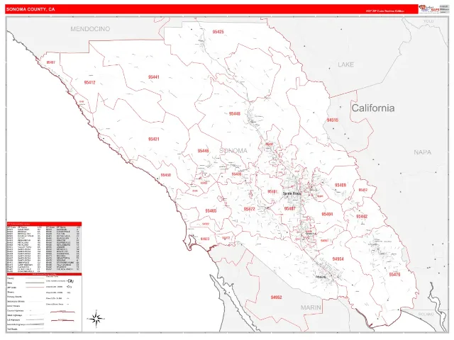 Sonoma County, CA ZIP Code Wall Map, RedLine style