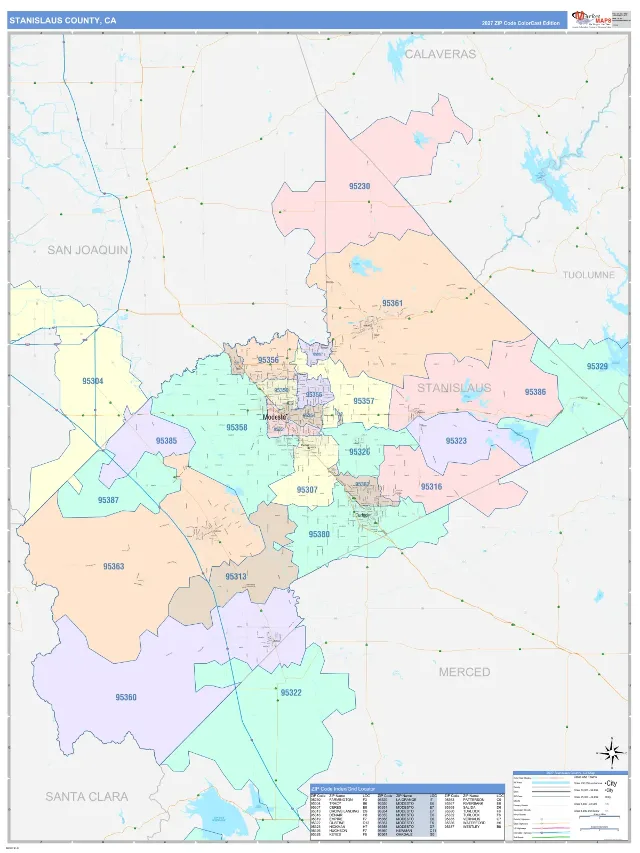 Stanislaus County, CA ZIP Code Wall Map, ColorCast style