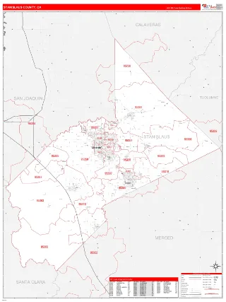 Stanislaus County, CA RedLine style ZIP Code wall map